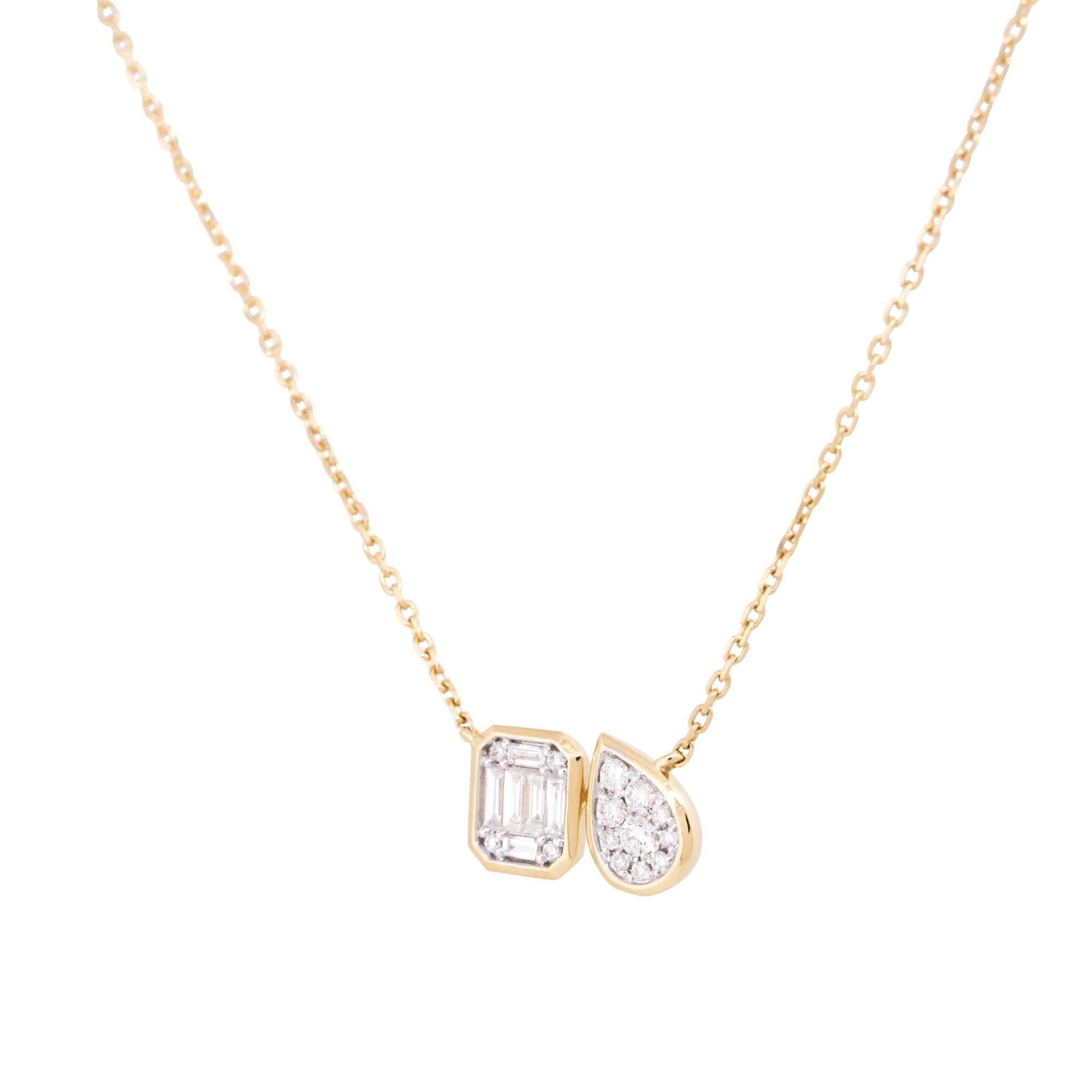 18k Yellow Gold 0.38ctw Mosaic Diamond Square & Cluster Diamond Pear Necklace