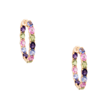 18k Rose Gold 5.38ctw Multi-Colored Gemstone Hoop Earrings