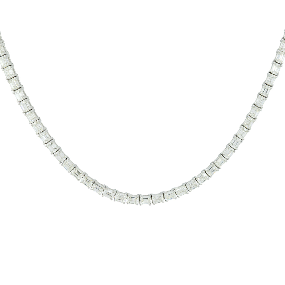 18k White Gold 13.59ctw Emerald Cut Diamond Tennis Necklace