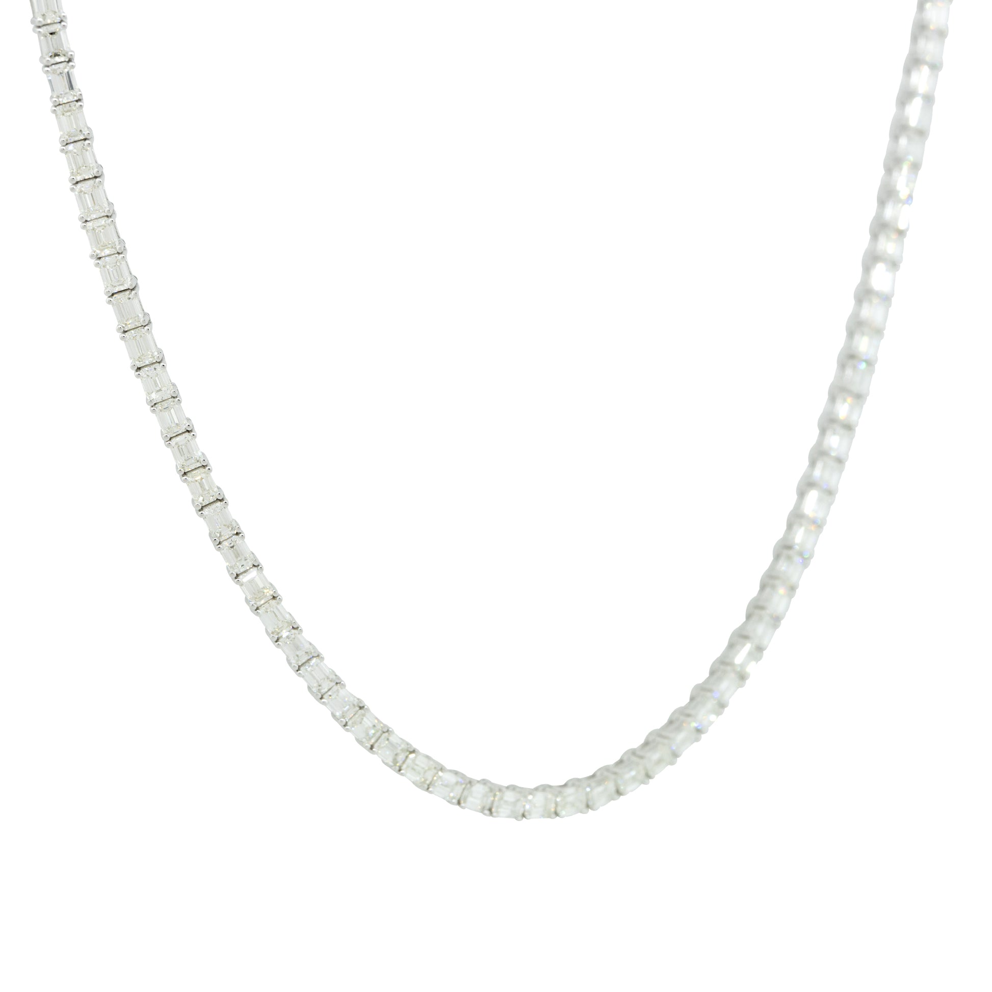18k White Gold 13.59ctw Emerald Cut Diamond Tennis Necklace