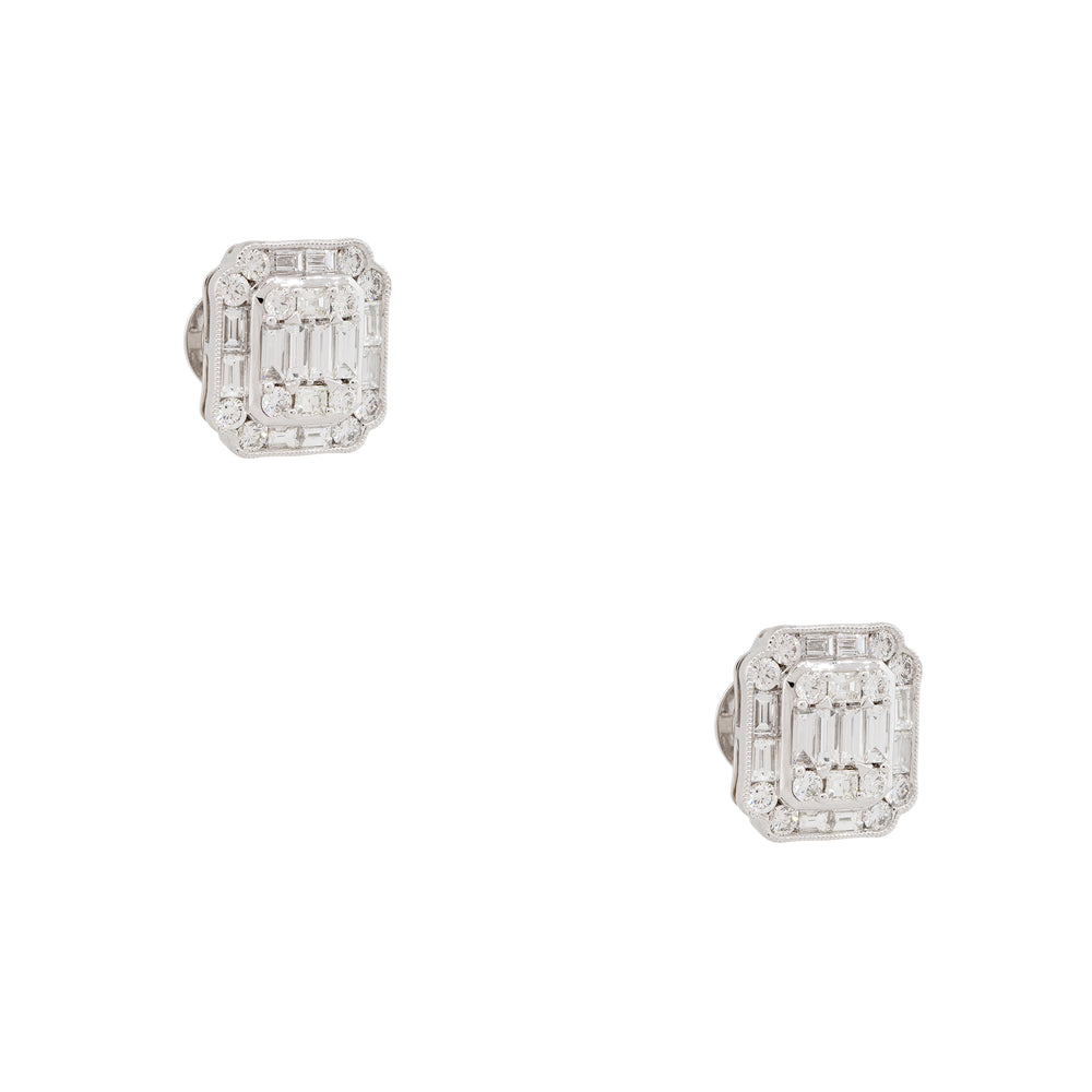 18k White Gold 2.98ctw Mosaic Diamond Square Shaped Earrings