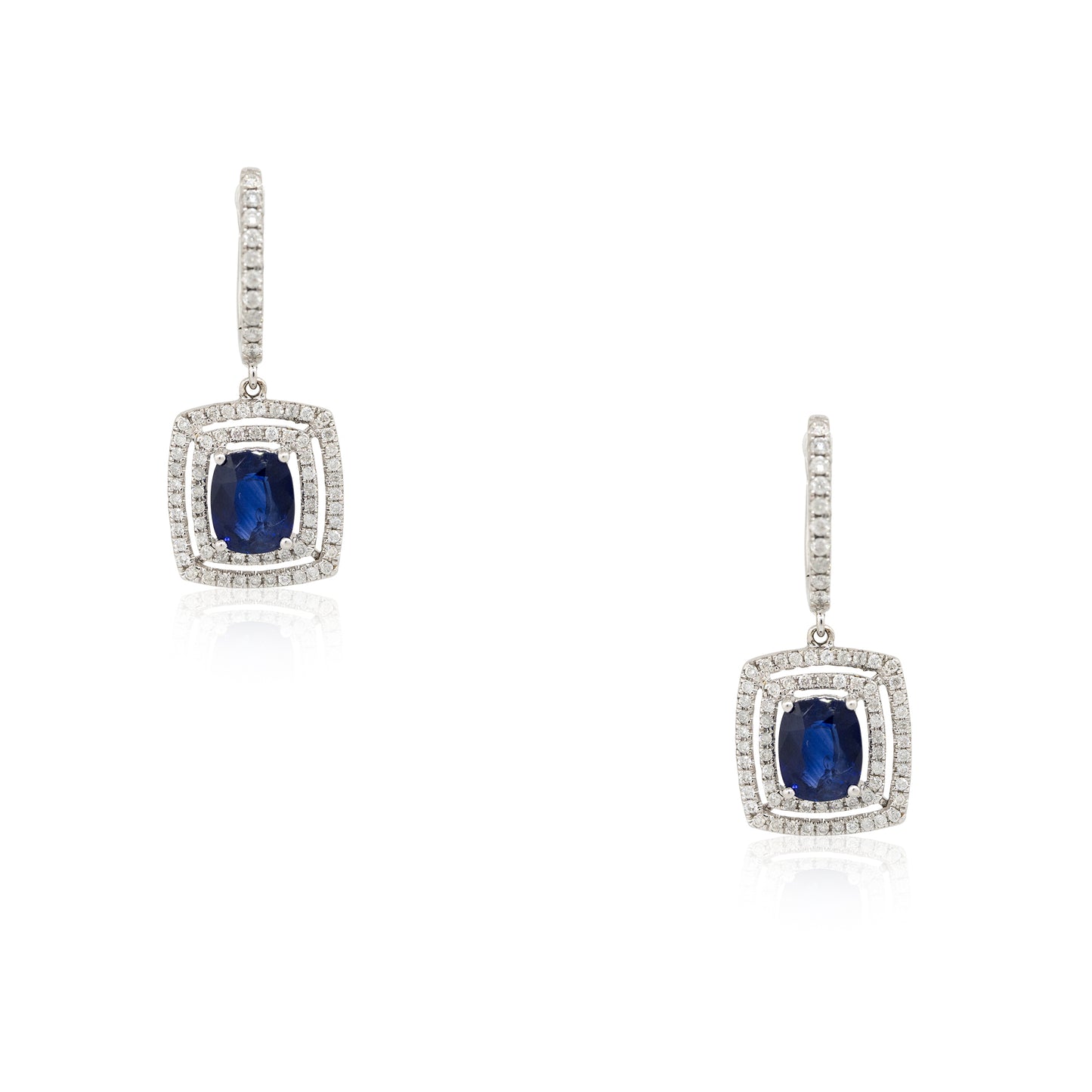 18k White Gold 3.13ct Sapphire & 0.69ct Diamond Double Halo Drop Earrings