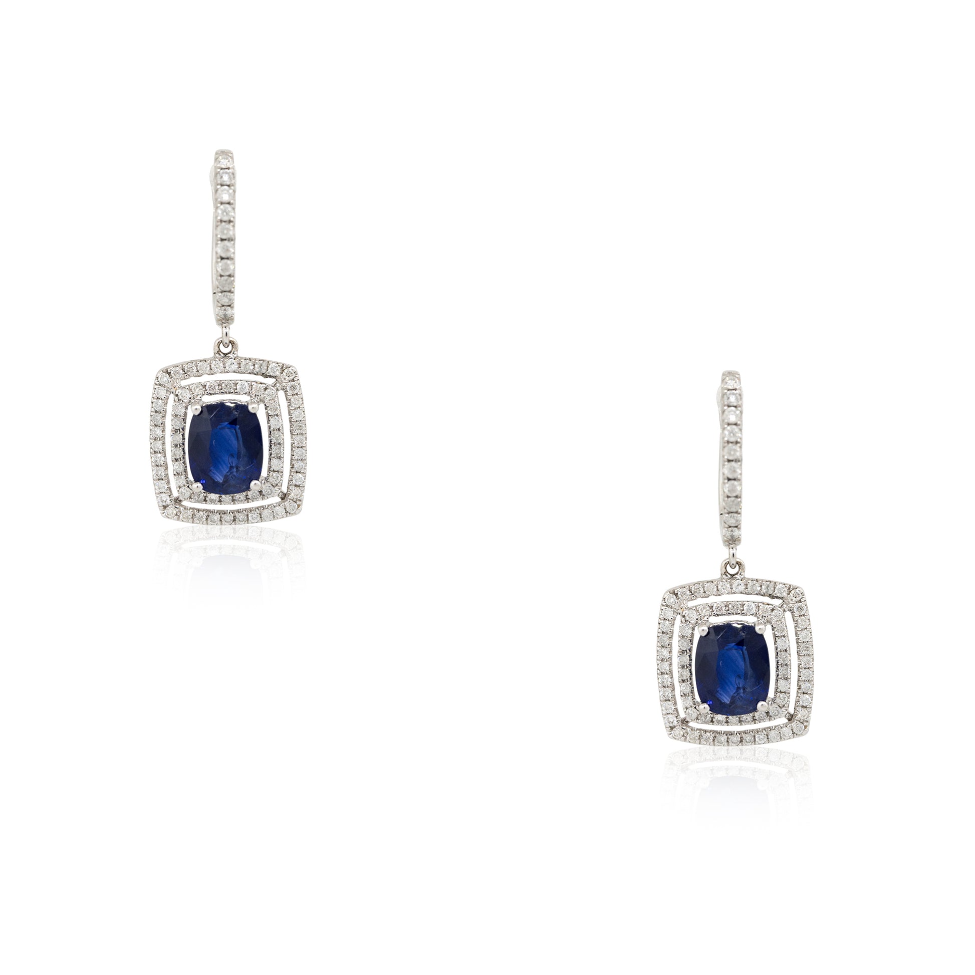 18k White Gold 3.13ct Sapphire & 0.69ct Diamond Double Halo Drop Earrings