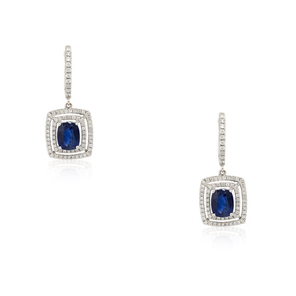 18k White Gold 3.13ct Sapphire & 0.69ct Diamond Double Halo Drop Earrings