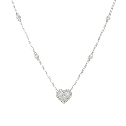 18k White Gold 0.87ctw Diamond Heart and Diamond Station Necklace