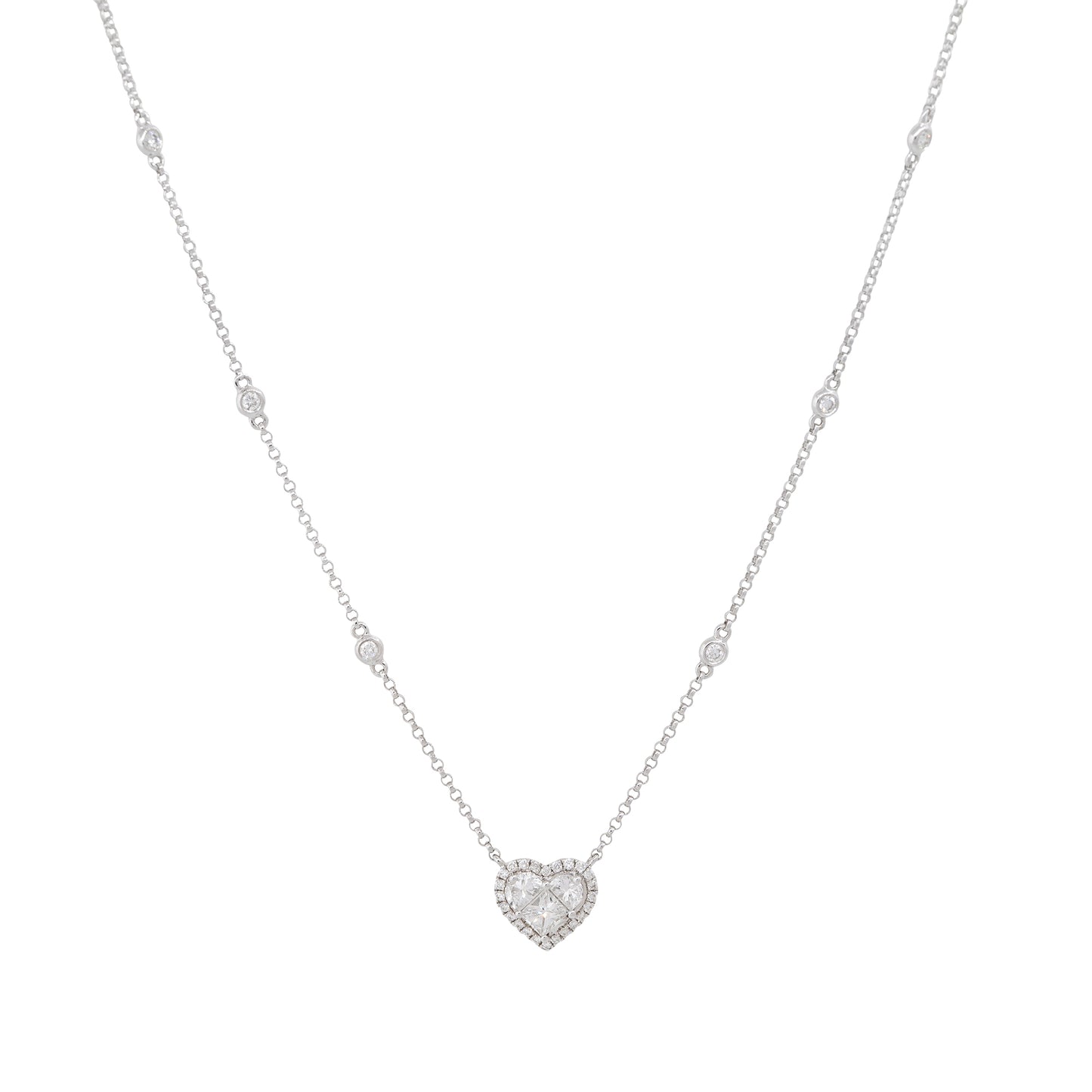 18k White Gold 0.87ctw Diamond Heart and Diamond Station Necklace