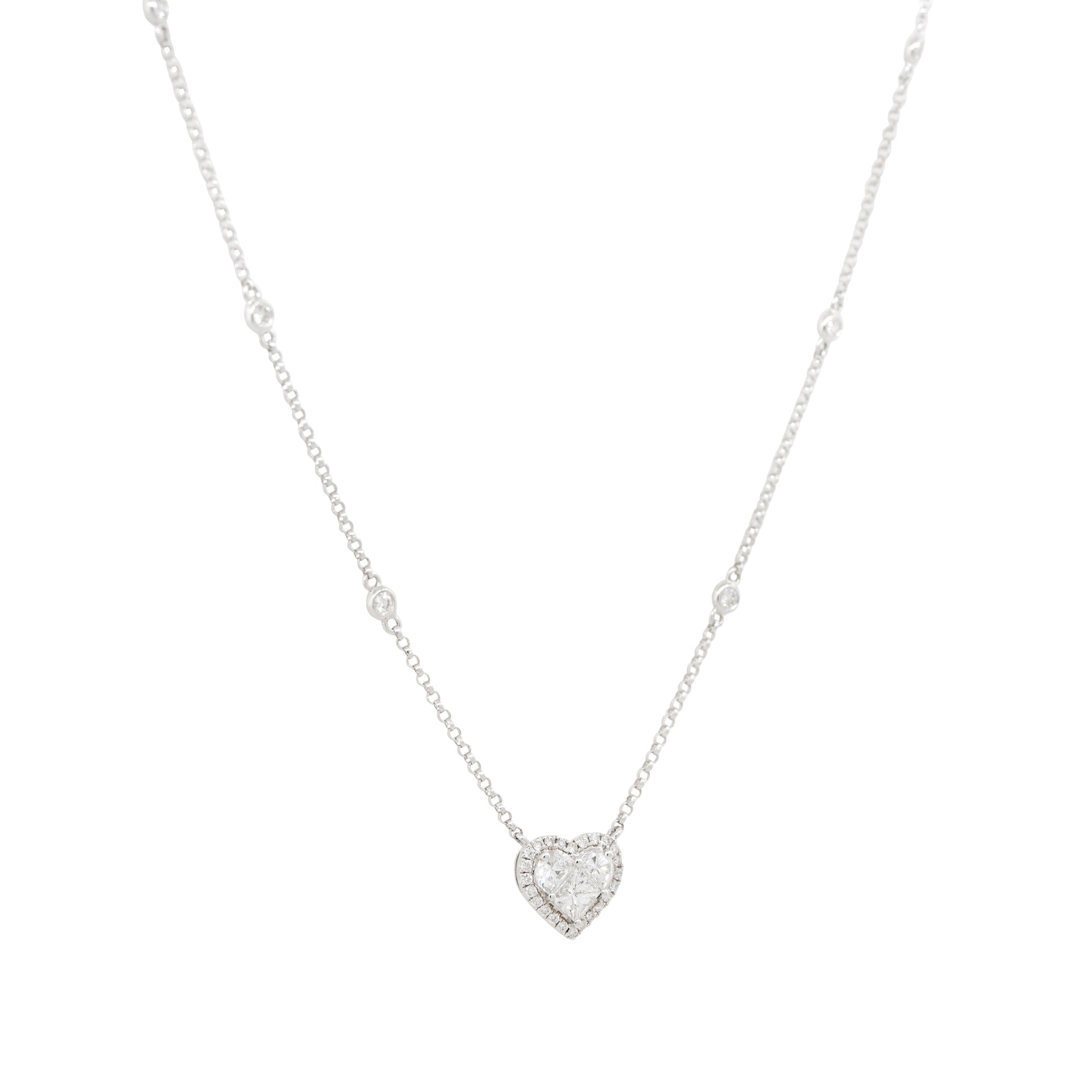 18k White Gold 0.87ctw Diamond Heart and Diamond Station Necklace