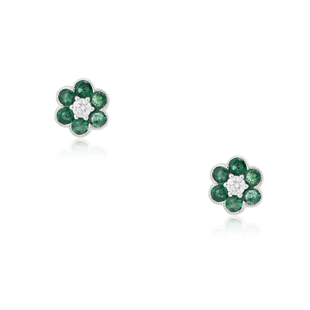 18k White Gold 1.49ct Emerald & Diamond Flower Earrings