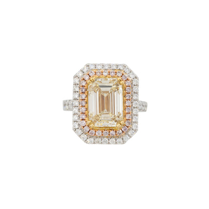 18k Tri-Color Gold 5.01ct Emerald Cut Diamond Double Halo Ring