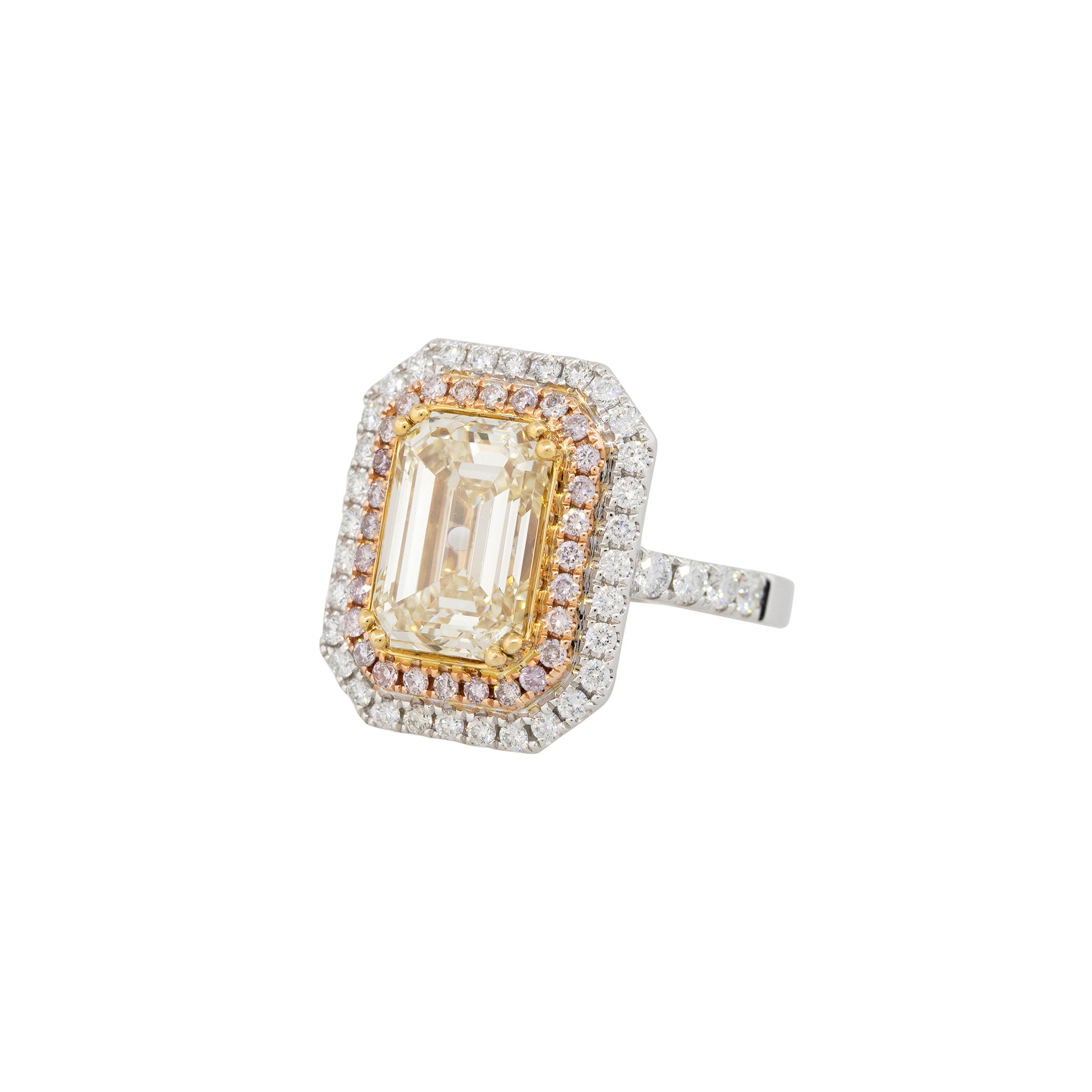 18k Tri-Color Gold 5.01ct Emerald Cut Diamond Double Halo Ring