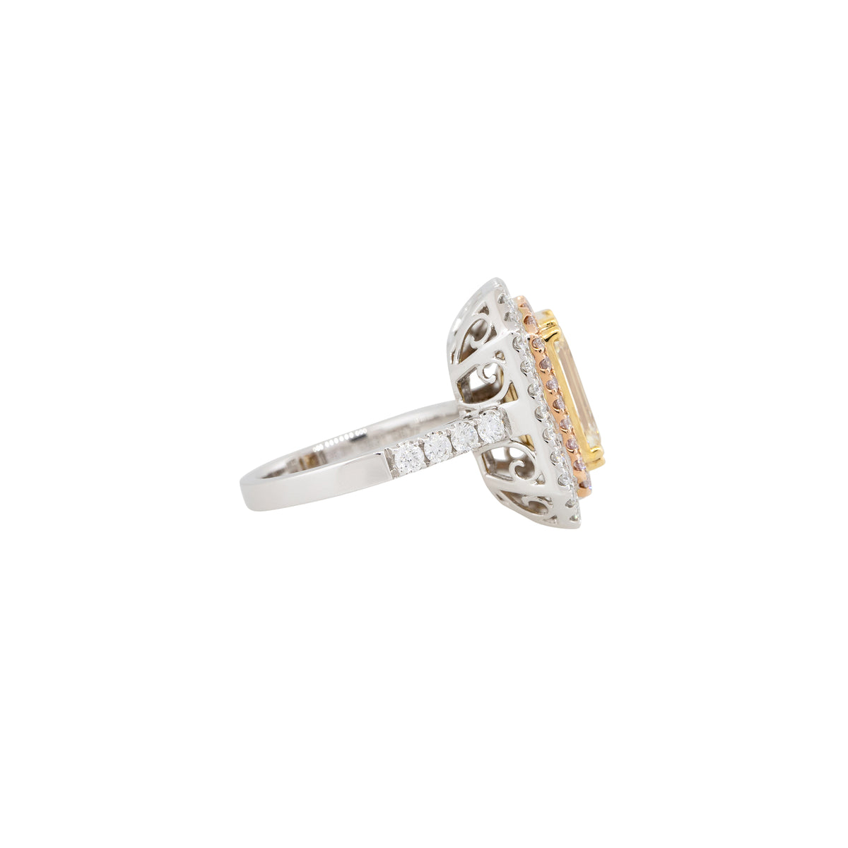 18k Tri-Color Gold 5.01ct Emerald Cut Diamond Double Halo Ring