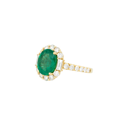 18k Yellow Gold 2.6ct Oval Cut Emerald & 1.29ct Diamond Halo Ring