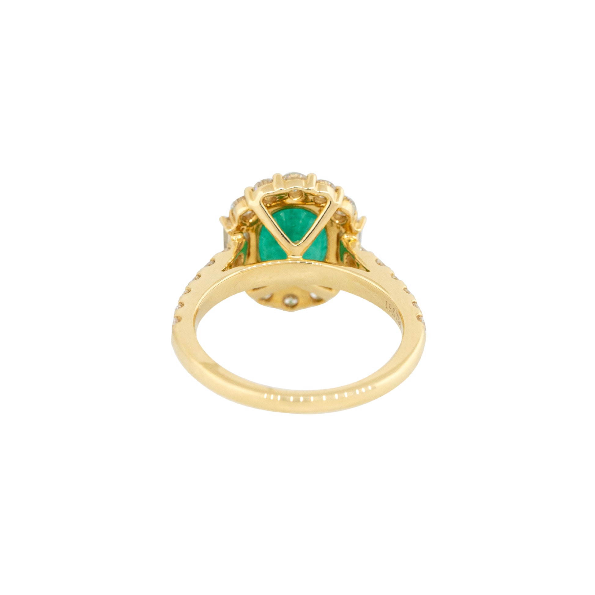 18k Yellow Gold 2.6ct Oval Cut Emerald & 1.29ct Diamond Halo Ring