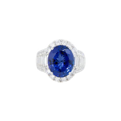 18k White Gold 7.75ct Oval Cut Tanzanite & 3.2ct Diamond Halo Ring