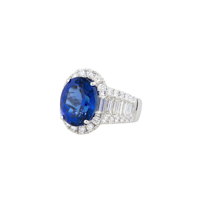 18k White Gold 7.75ct Oval Cut Tanzanite & 3.2ct Diamond Halo Ring