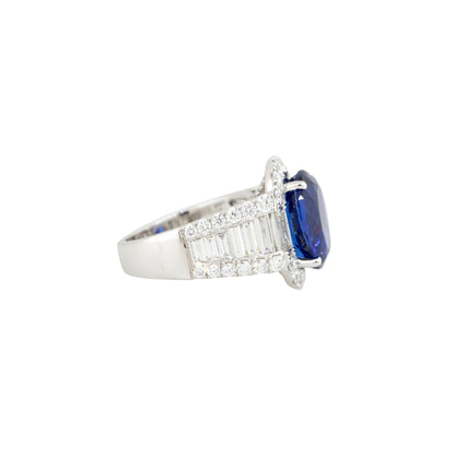 18k White Gold 7.75ct Oval Cut Tanzanite & 3.2ct Diamond Halo Ring