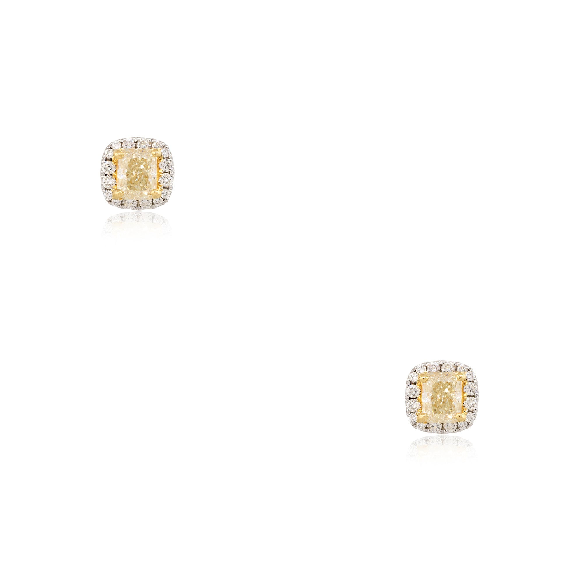 18k Two-Tone Gold 1.45ct Fancy Yellow Cushion Cut Diamond Halo Earrings