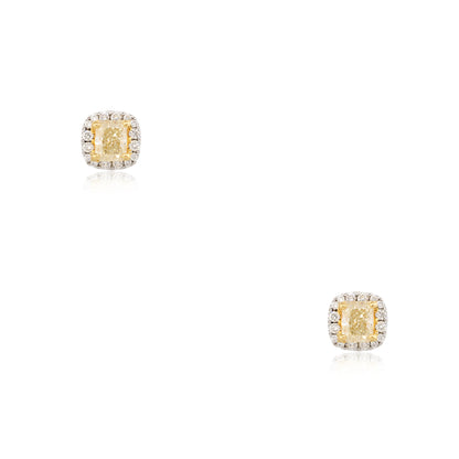 18k Two-Tone Gold 1.45ct Fancy Yellow Cushion Cut Diamond Halo Earrings