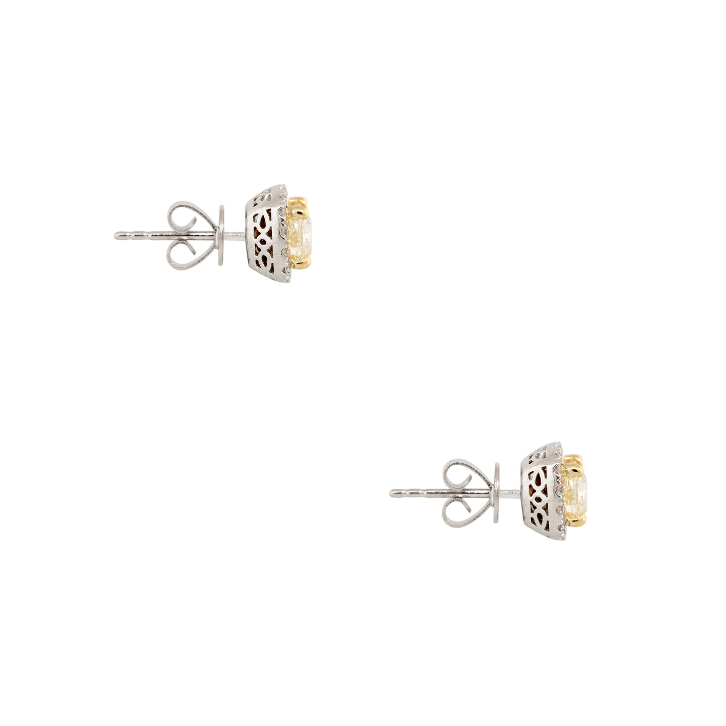 18k Two-Tone Gold 1.45ct Fancy Yellow Cushion Cut Diamond Halo Earrings