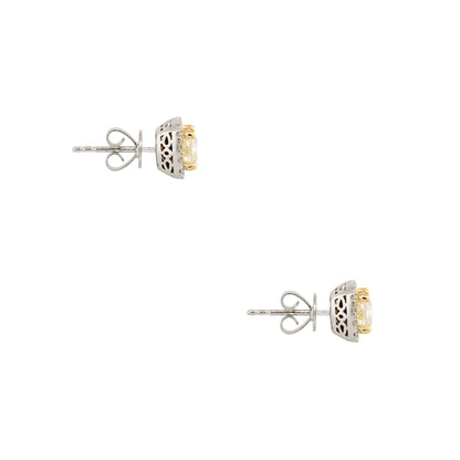 18k Two-Tone Gold 1.45ct Fancy Yellow Cushion Cut Diamond Halo Earrings