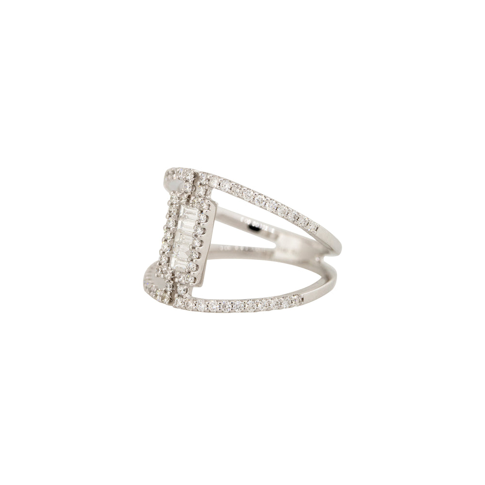 14k White Gold 0.64ctw Round Brilliant & Baguette Cut Diamond Open Split Shank Ring