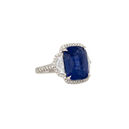 GIA Graded Platinum 9.96ct Cushion Cut Sapphire & 1.2ct Diamond Ring