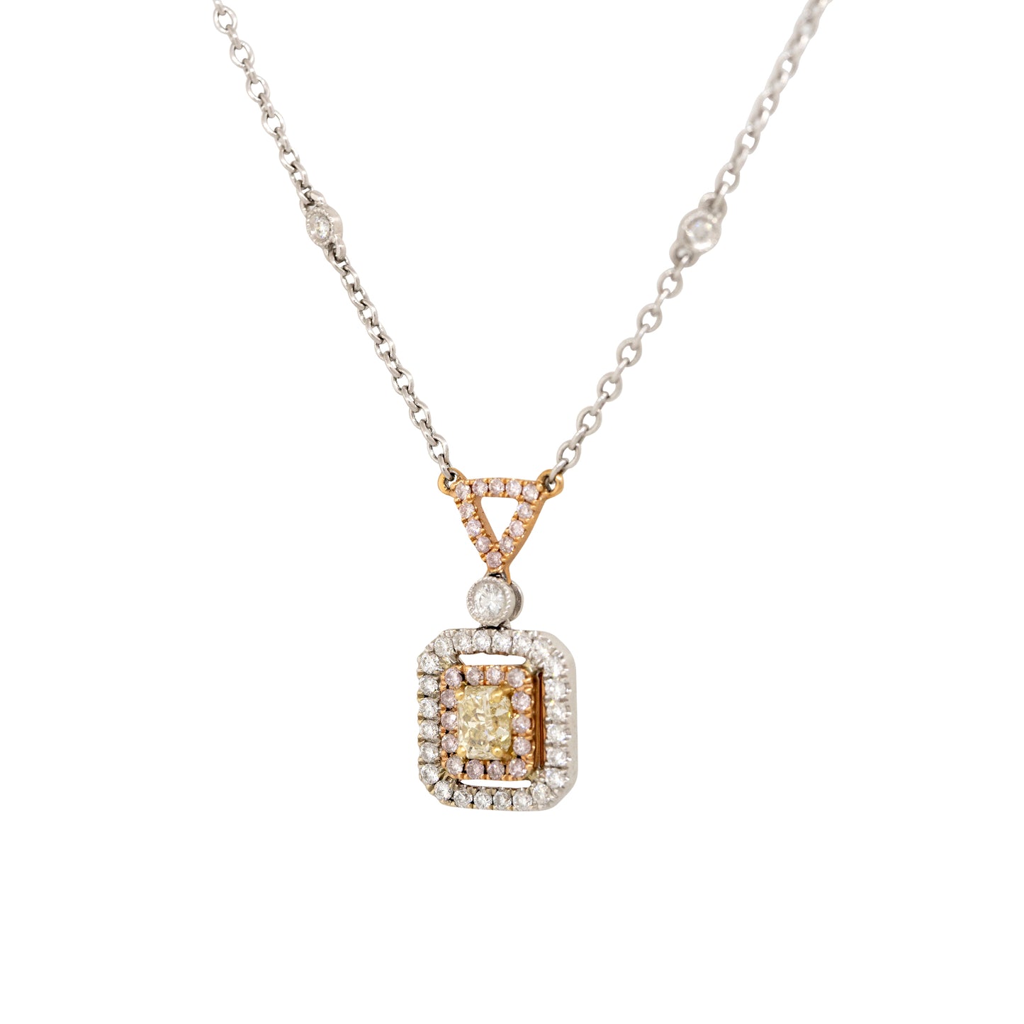18k White Gold 0.97ctw Pink, Yellow & White Diamond Square Necklace with Diamonds along chain