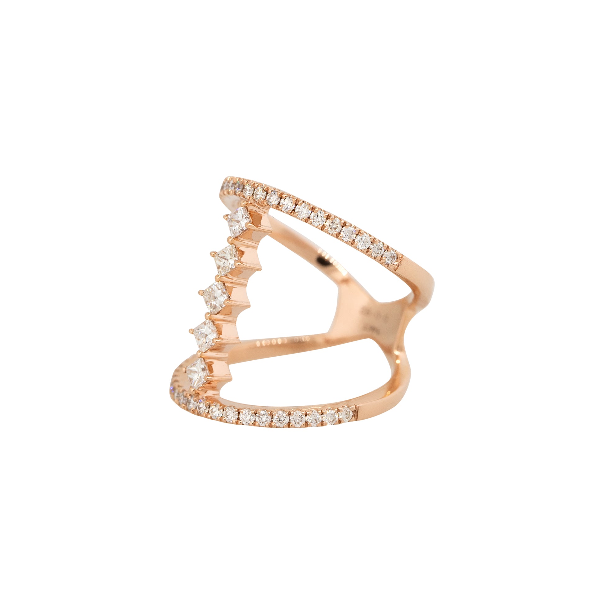 14k Rose Gold 0.92ctw Round Brilliant & Fancy Cut Diamond Center Bar Split Shank Ring