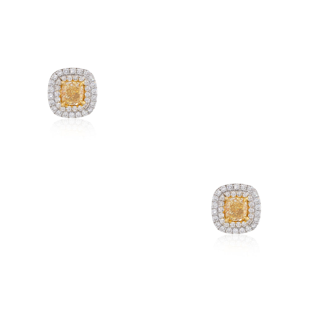 GIA 18k Two-Tone Gold 2.13ct Fancy Yellow Cushion Cut Diamond Halo Earrings