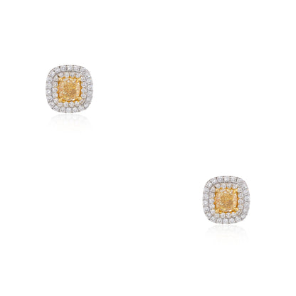 GIA 18k Two-Tone Gold 2.13ct Fancy Yellow Cushion Cut Diamond Halo Earrings