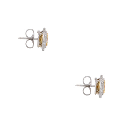 GIA 18k Two-Tone Gold 2.13ct Fancy Yellow Cushion Cut Diamond Halo Earrings