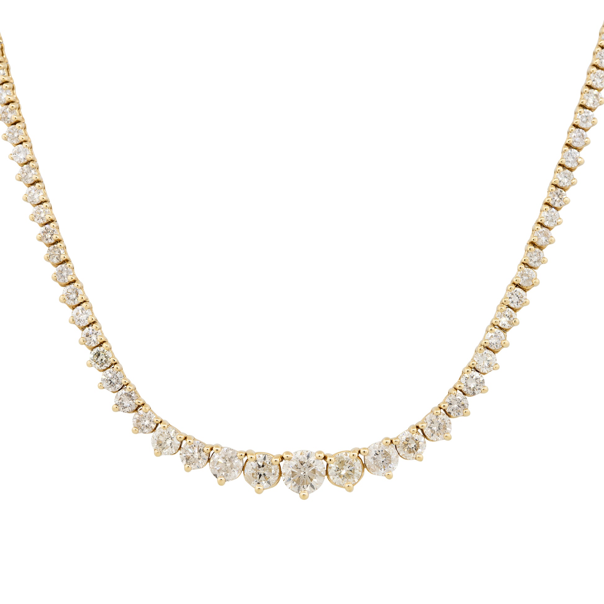14k Yellow Gold 10ct Round Brilliant Cut Graduated Diamond 3-Prong Tennis Necklace