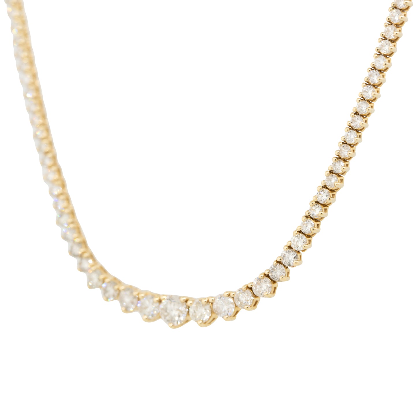 14k Yellow Gold 10ct Round Brilliant Cut Graduated Diamond 3-Prong Tennis Necklace