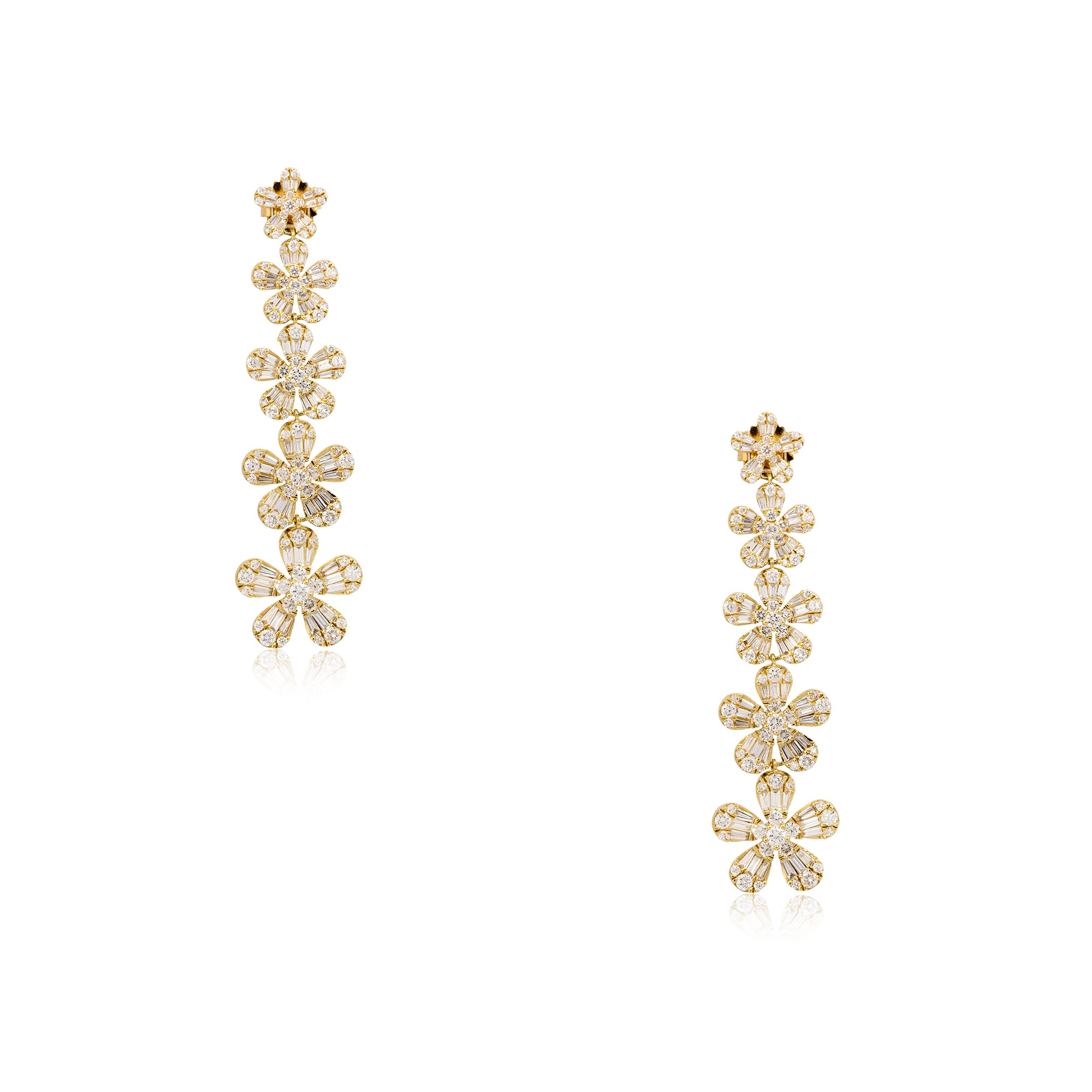 18k Yellow Gold 4.26ctw Round Brilliant & Baguette cut Diamond 5 Flower Drop Earrings