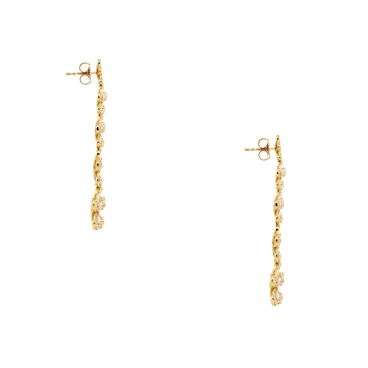 18k Yellow Gold 4.26ctw Round Brilliant & Baguette cut Diamond 5 Flower Drop Earrings