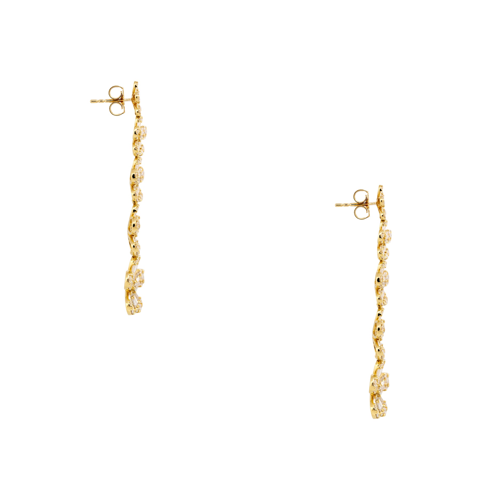 18k Yellow Gold 4.26ctw Round Brilliant & Baguette cut Diamond 5 Flower Drop Earrings