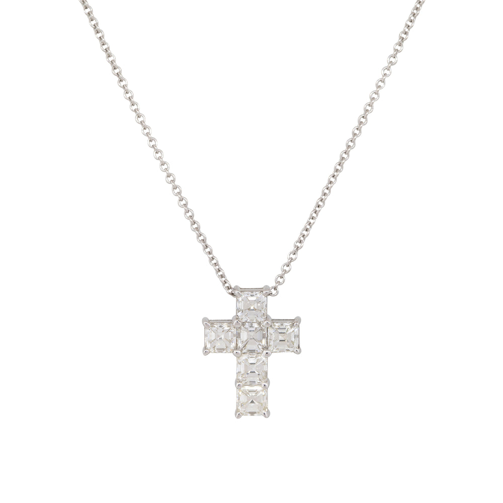 18k White Gold 1.9ct Asscher Cut Diamond Cross Pendant Necklace