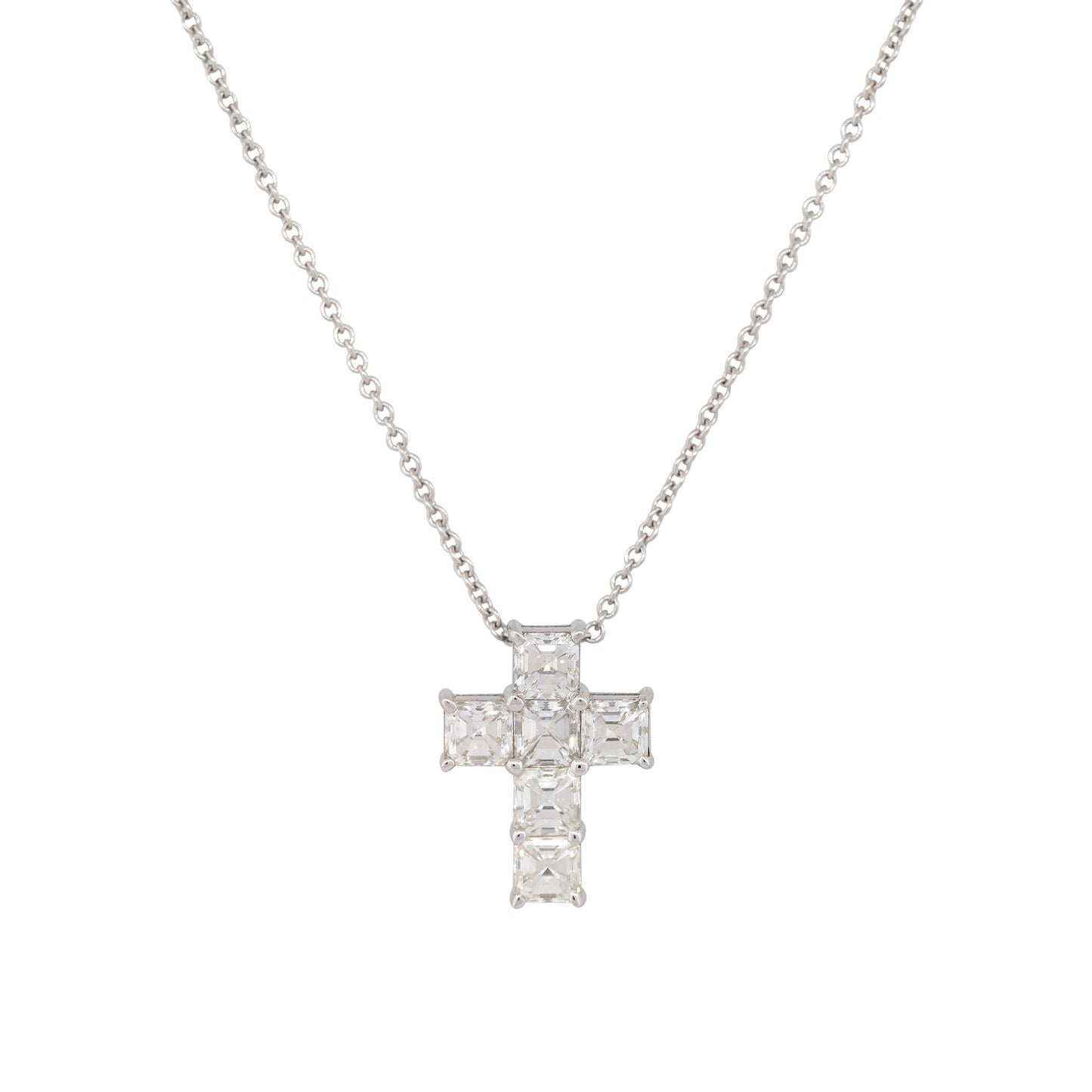 18k White Gold 1.9ct Asscher Cut Diamond Cross Pendant Necklace