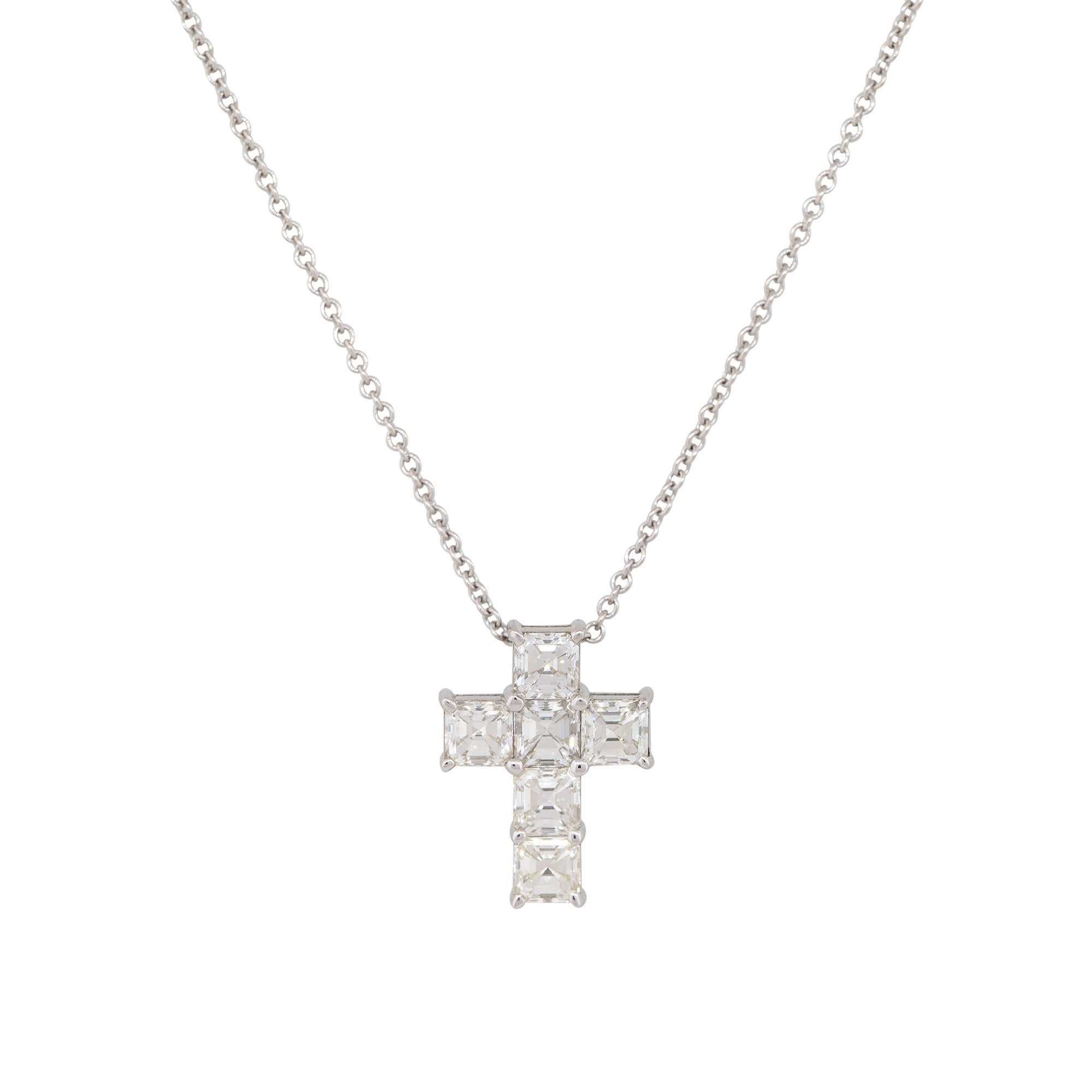 18k White Gold 1.9ct Asscher Cut Diamond Cross Pendant Necklace