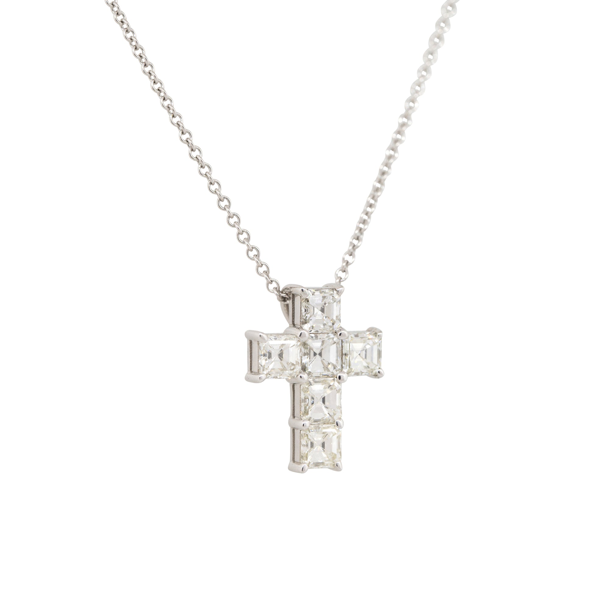 18k White Gold 1.9ct Asscher Cut Diamond Cross Pendant Necklace