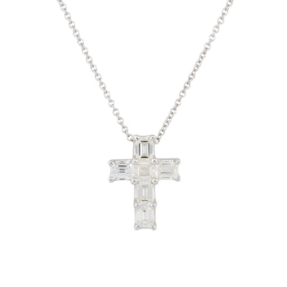 14k White Gold 2.95ct Emerald Cut Diamond Cross Pendant Necklace