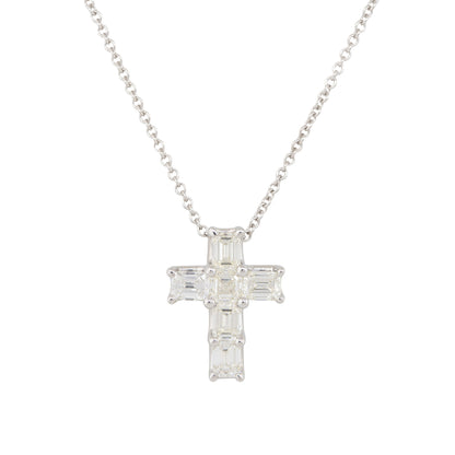 14k White Gold 2.95ct Emerald Cut Diamond Cross Pendant Necklace