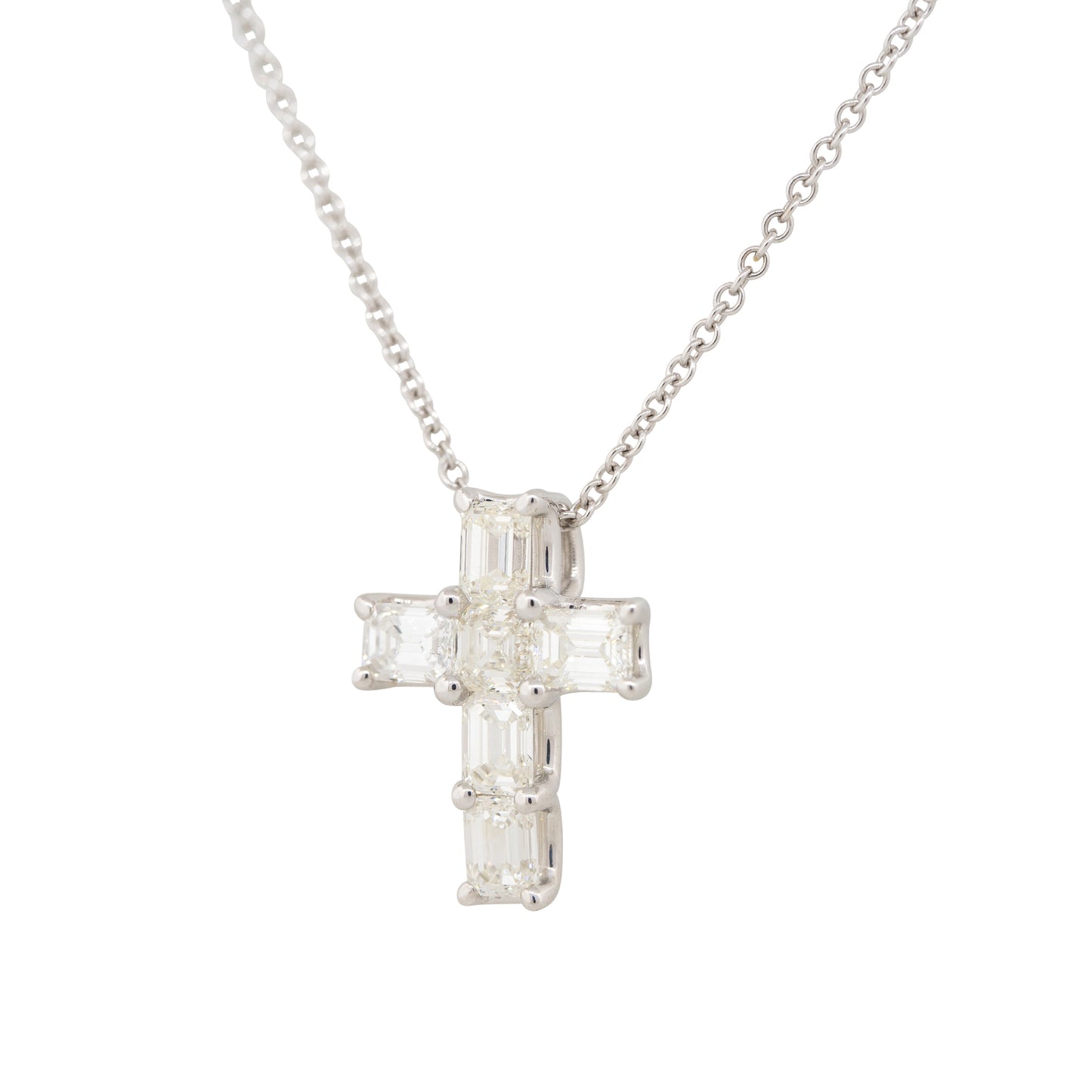 14k White Gold 2.95ct Emerald Cut Diamond Cross Pendant Necklace