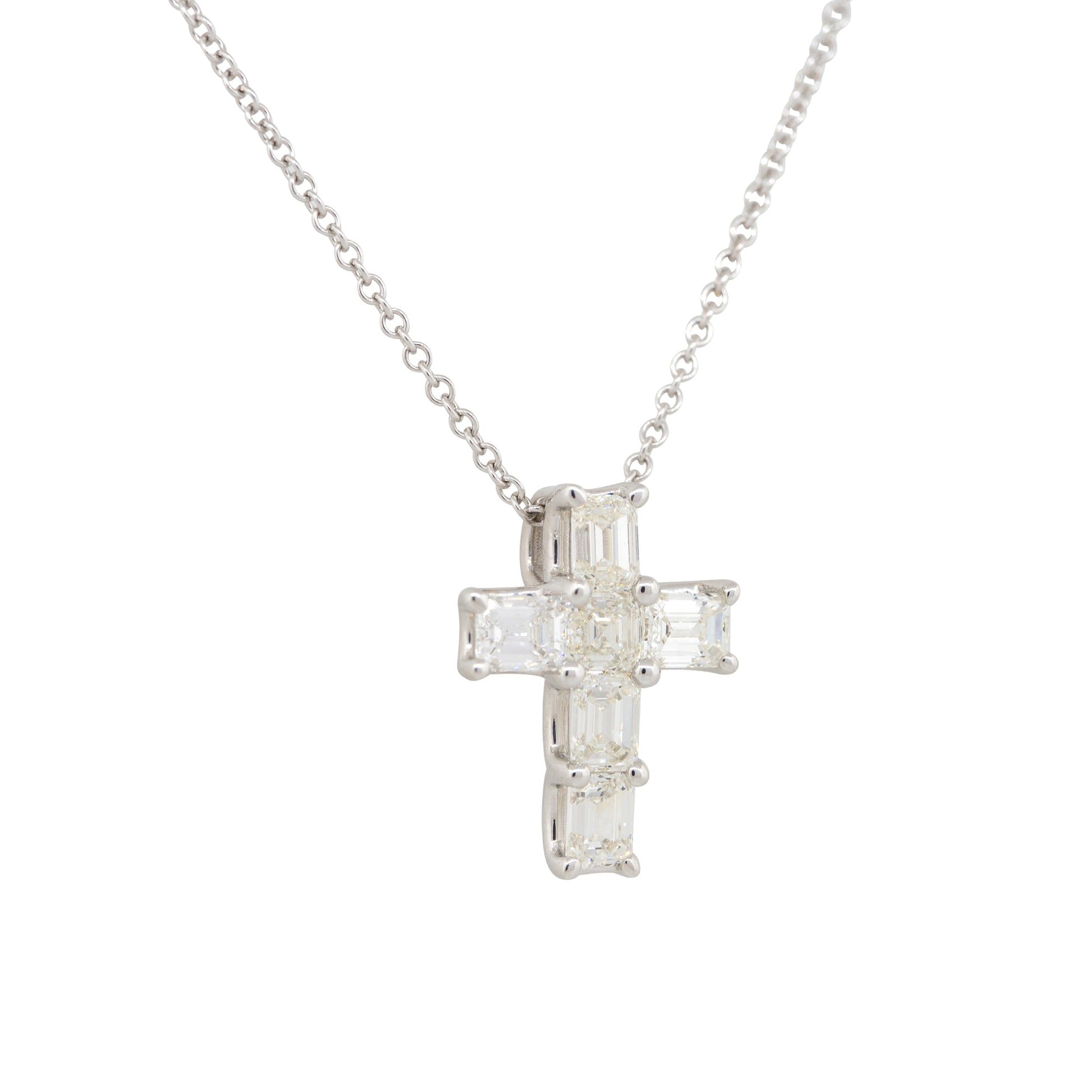 14k White Gold 2.95ct Emerald Cut Diamond Cross Pendant Necklace