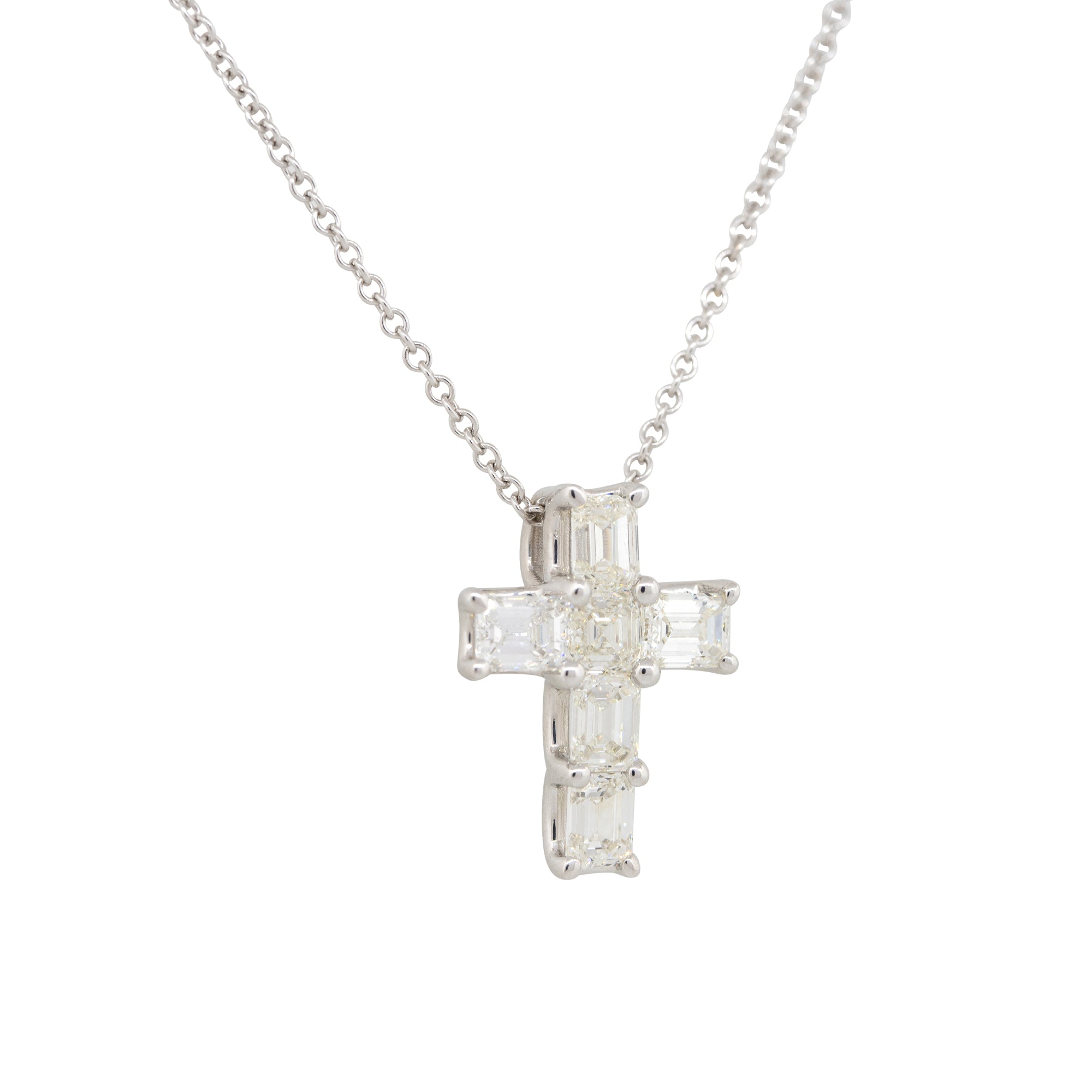 14k White Gold 2.95ct Emerald Cut Diamond Cross Pendant Necklace