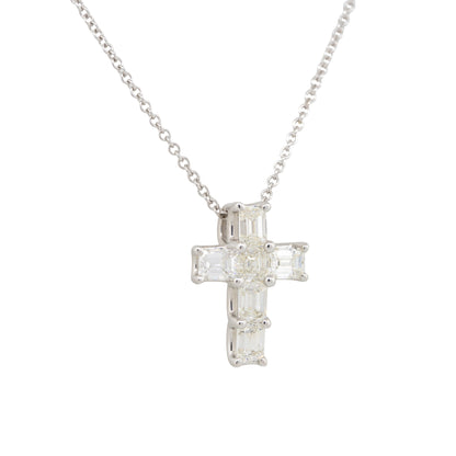 14k White Gold 2.95ct Emerald Cut Diamond Cross Pendant Necklace