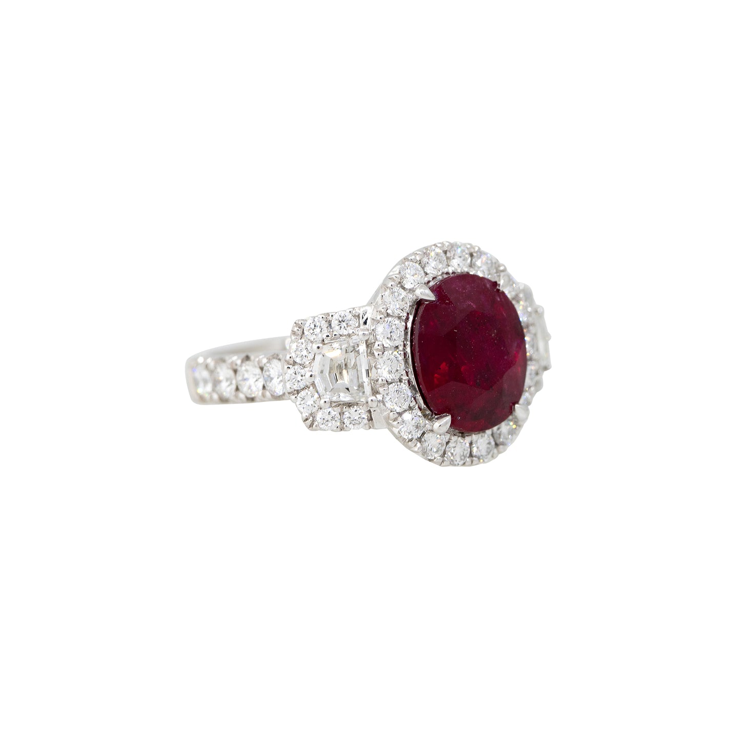 GIA Platinum 4.16ctw Oval Shaped Ruby & 1.7ctw Diamond Halo Ring