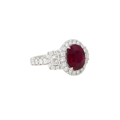GIA Platinum 4.16ctw Oval Shaped Ruby & 1.7ctw Diamond Halo Ring
