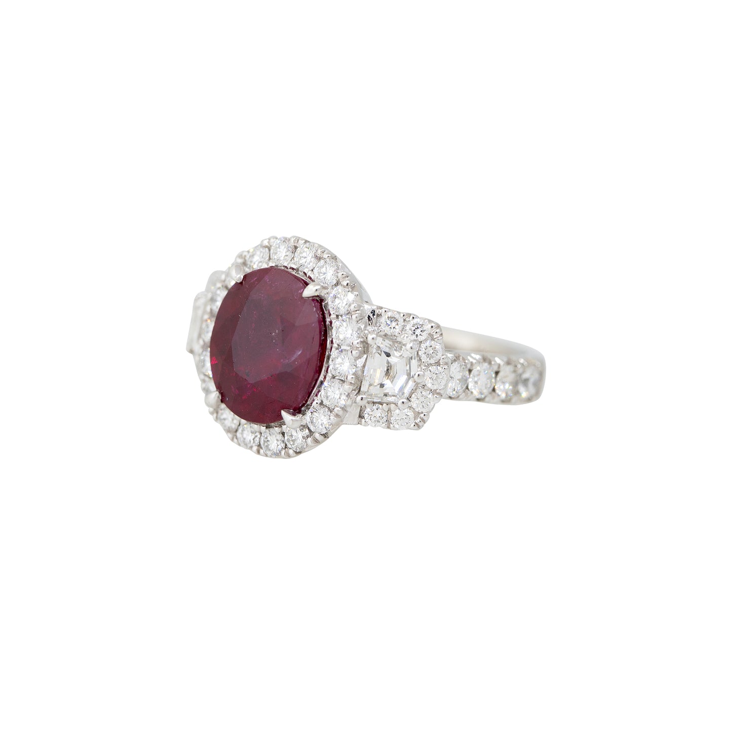 GIA Platinum 4.16ctw Oval Shaped Ruby & 1.7ctw Diamond Halo Ring