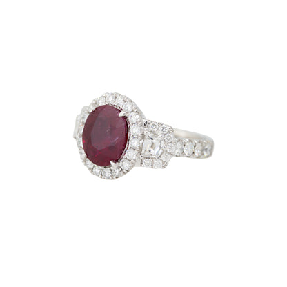 GIA Platinum 4.16ctw Oval Shaped Ruby & 1.7ctw Diamond Halo Ring